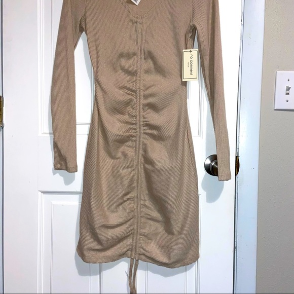 NWT. No Comment Ribbed Rouched Beige Sweater Dress. Small. - Picture 2 of 5